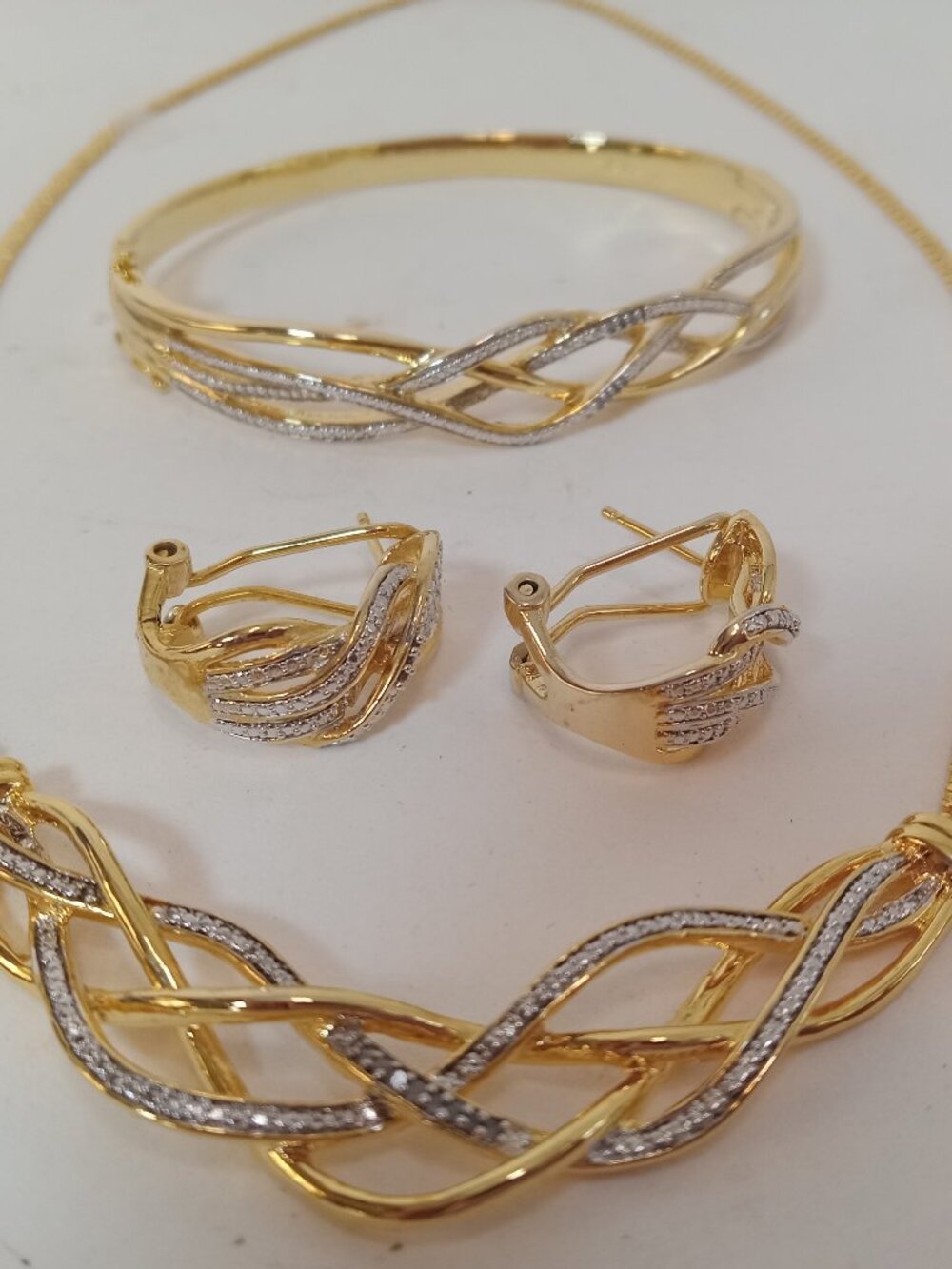 Set Gold Tone Rhinestone Bracelet Earrings Necklace Interwoven Braided New  New